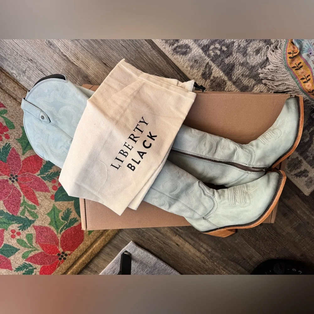 LIBERTY Black Allyssa Over the Knee Western Cowboy Boots in Light Blue